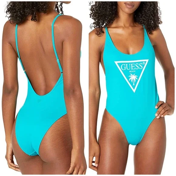 New GUESS Low Back One-Piece Logo Swimsuit SZ S